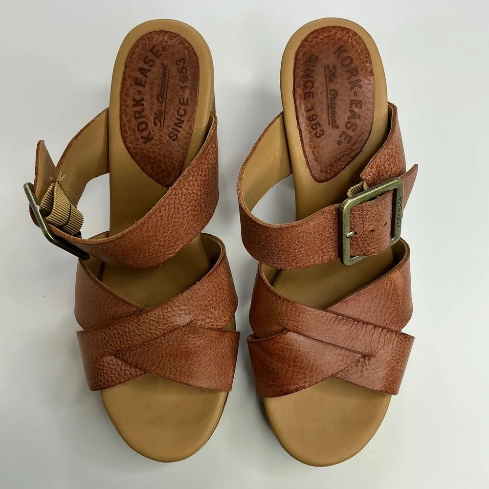 Kork-Ease Brown Leather Platform Sandal Women Size 9M Block Heel Slide K70428